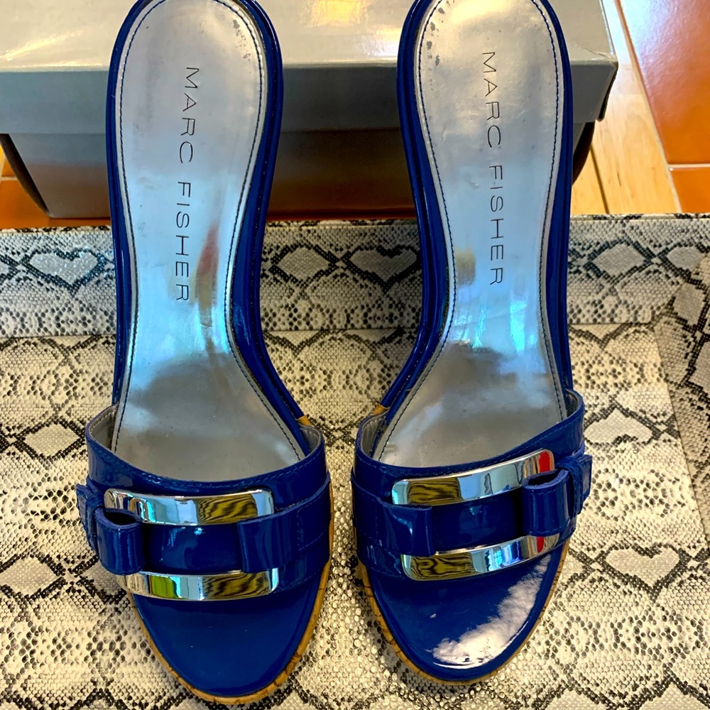 Marc Fisher Cobalt Patent Leather & Cork Wedges